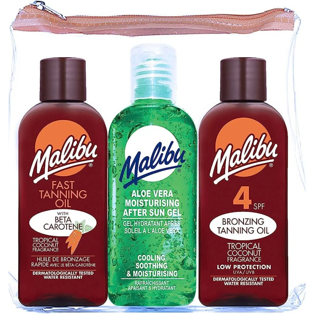 Malibu Fast Tanning Oil SPF4 Bronzing Tanning Oil & Aloe Vera Travel Bag 3 x 100ml
