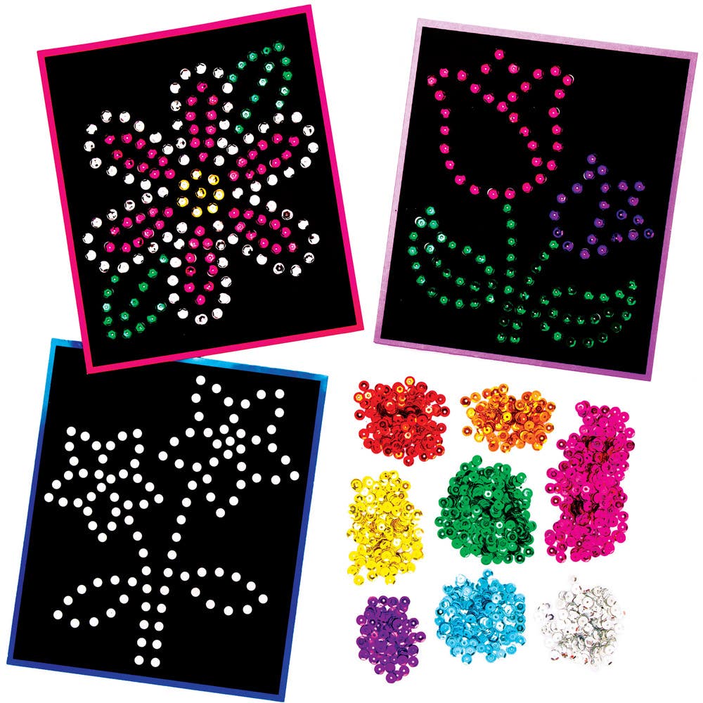 Baker Ross Flower Sequin Art Kits - 4 Sequin Pictures In Assorted Designs. Sequin Craft. Size 15cm x 21cm.