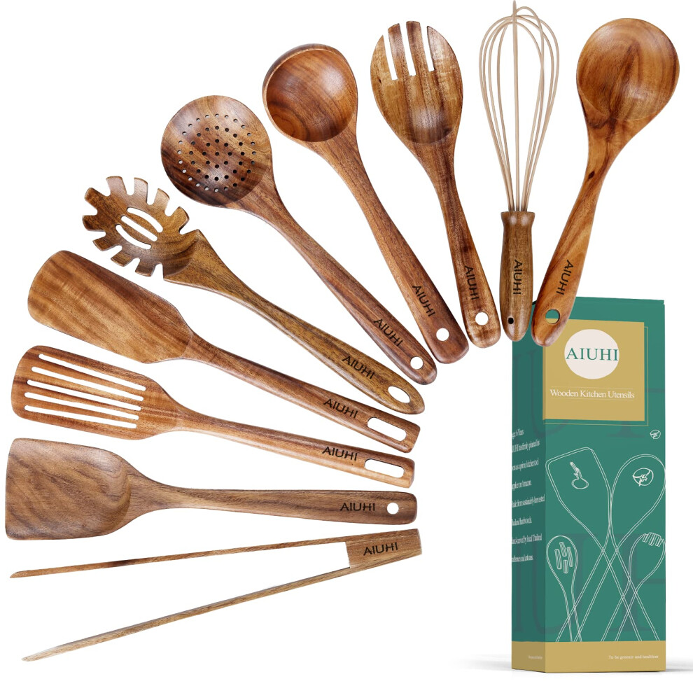 AIUHI Wooden Kitchen Utensils Nonstick Kitchen Utensils Natural Teak Wood Utensils for Kitchen Kitchen Utensils Wooden Kitchen Utensils with Spatula and
