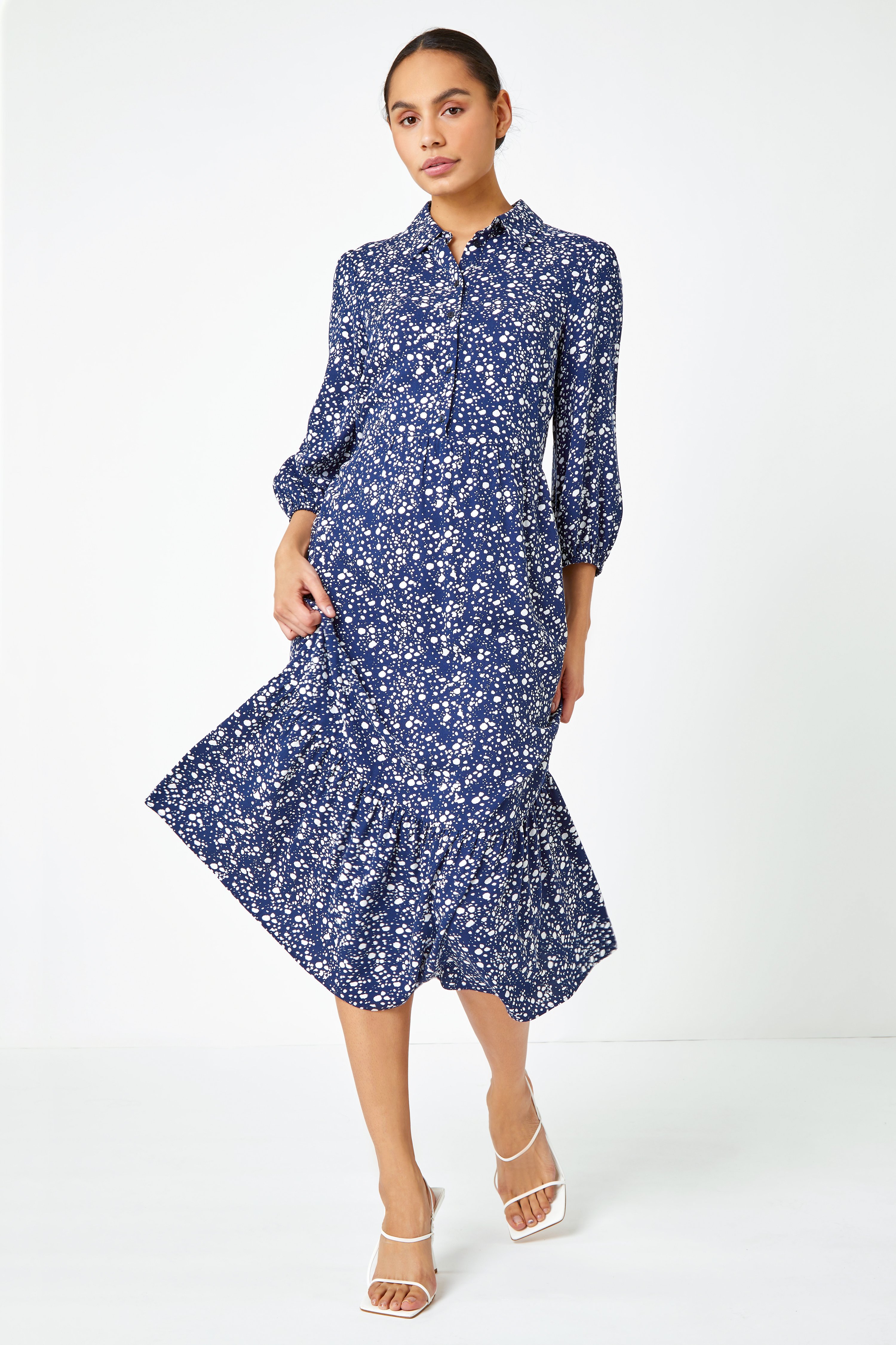 Roman Originals Spot Print Tiered Shirt Dress in Navy