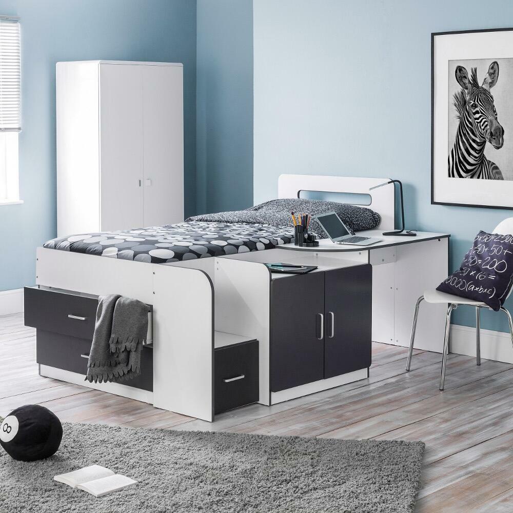Happy Beds Cookie - Single - Kids Cabin Bed - Desk and Storage - Grey and White - Wooden - 3ft