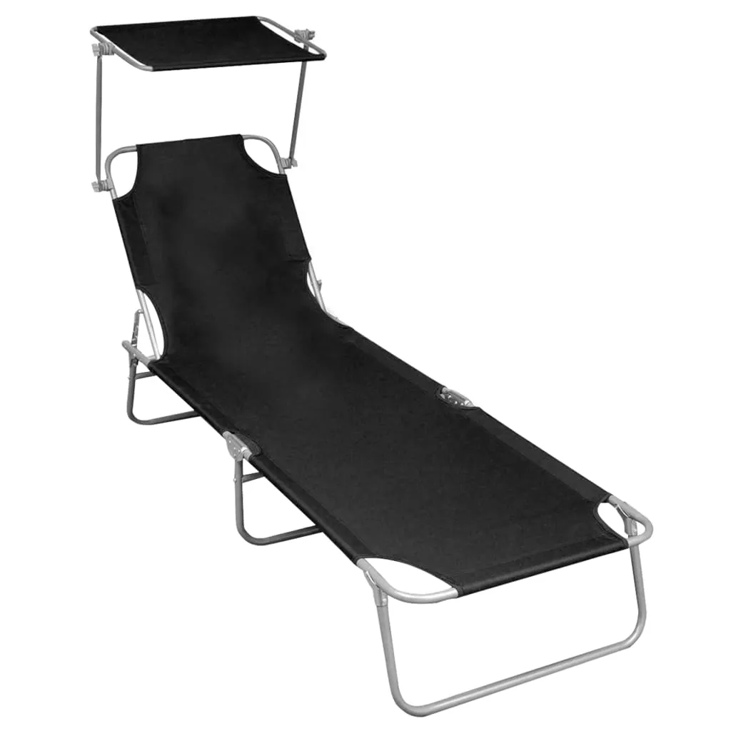 VidaXL Folding Sun Lounger with Canopy Black Aluminium