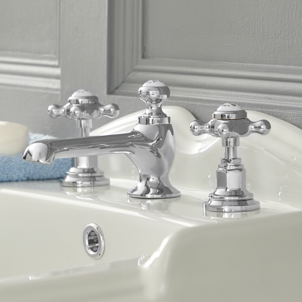 Hudson Reed Milano Elizabeth - Traditional 3 Tap-Hole Crosshead Basin Mixer Tap - Chrome and White