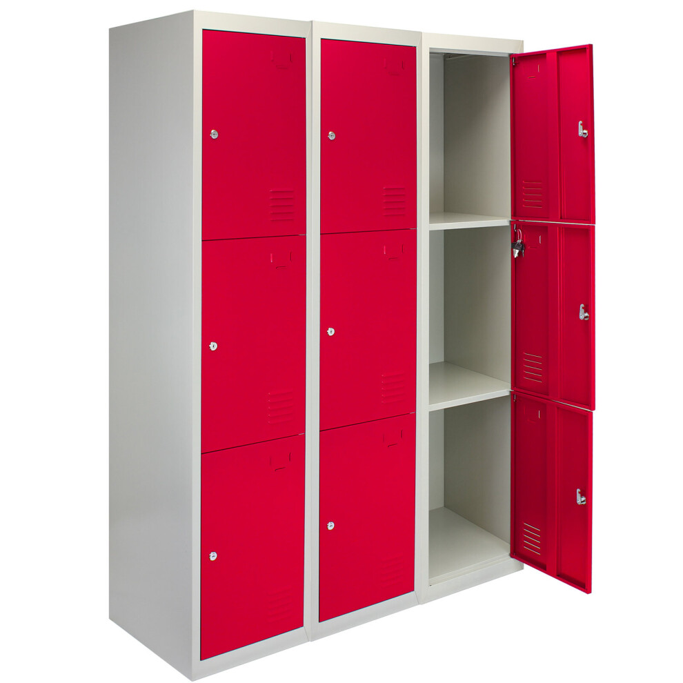 MonsterShop 3 X Metal Storage Lockers - Three Doors, Red - Flatpack