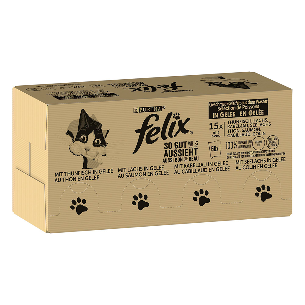 Felix 120x85 gr Comida Húmeda para Gatos en Gelatina Selección de Pescados Felix Fantastic