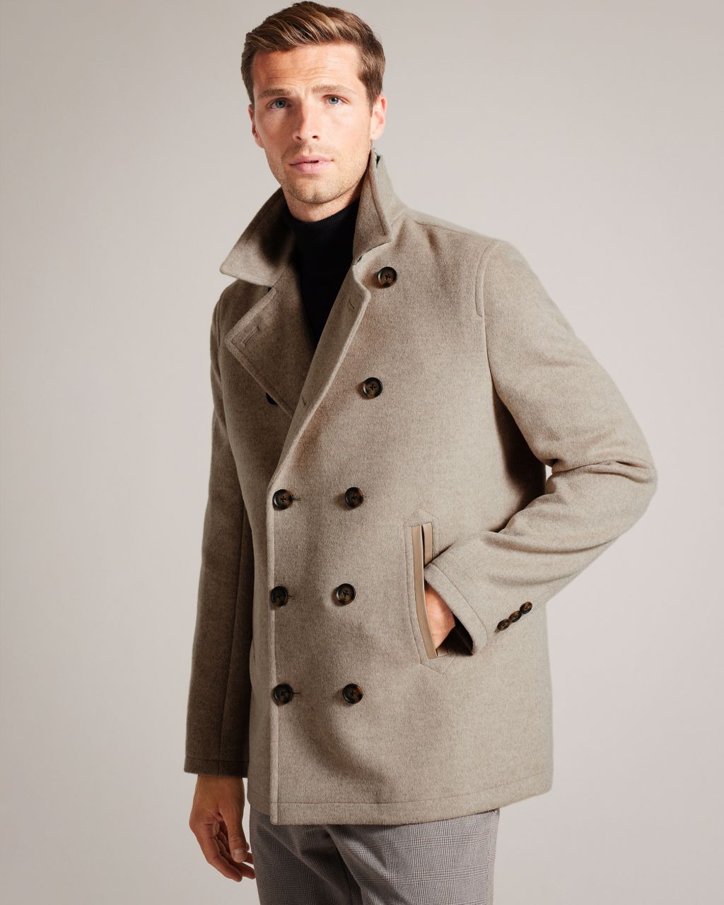 Ted Baker Men's Double Breasted Wool Blend Peacoat in Beige, Aldovie