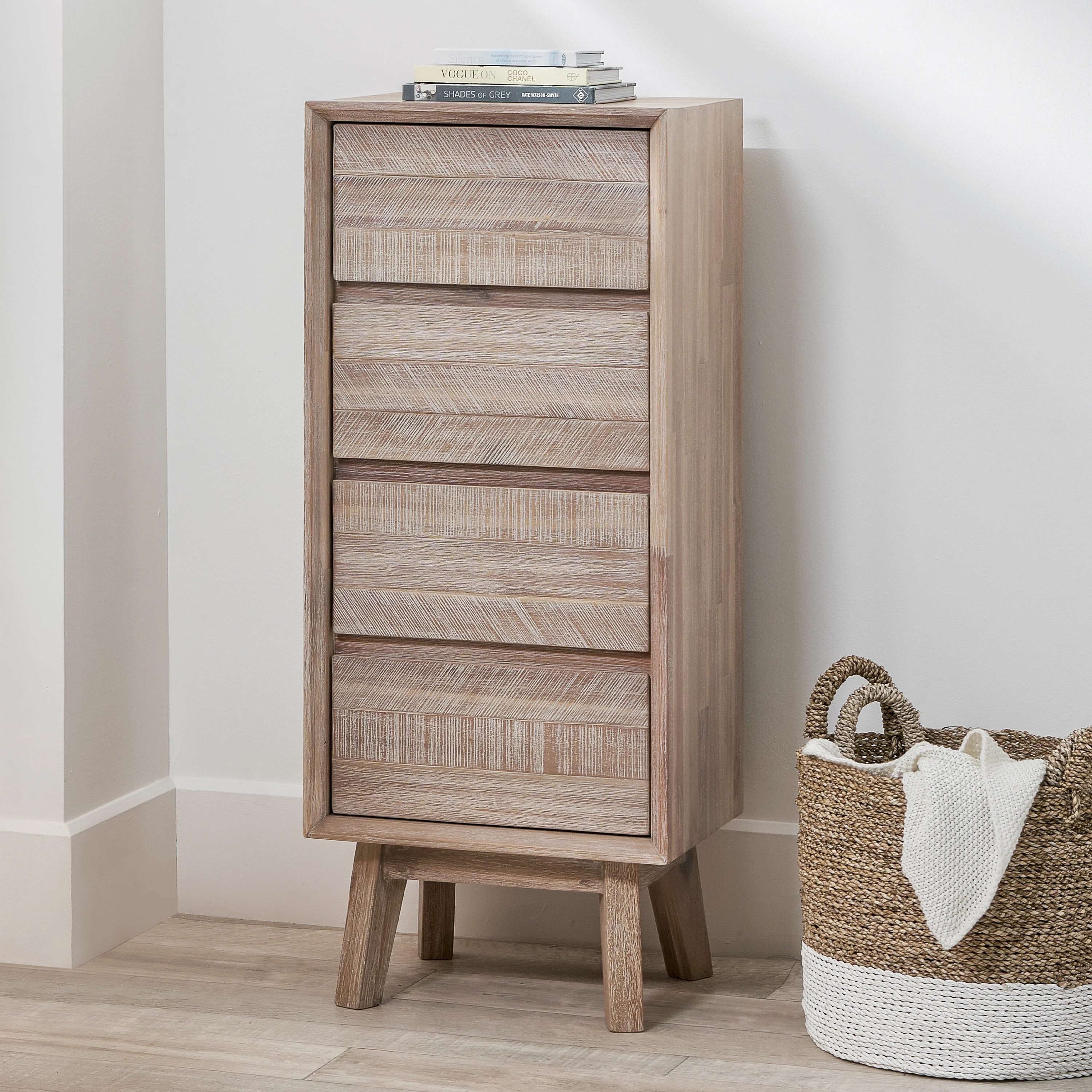 Kalmar Sand Wash Acacia Wood 4 Drawer Tall Boy