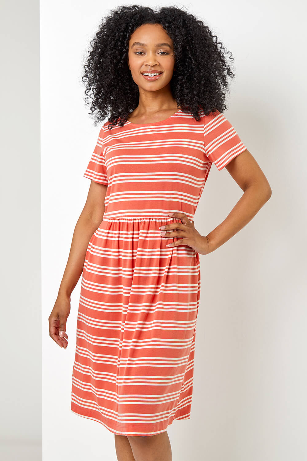 Roman Originals Petite Stripe Print Skater Dress in Coral