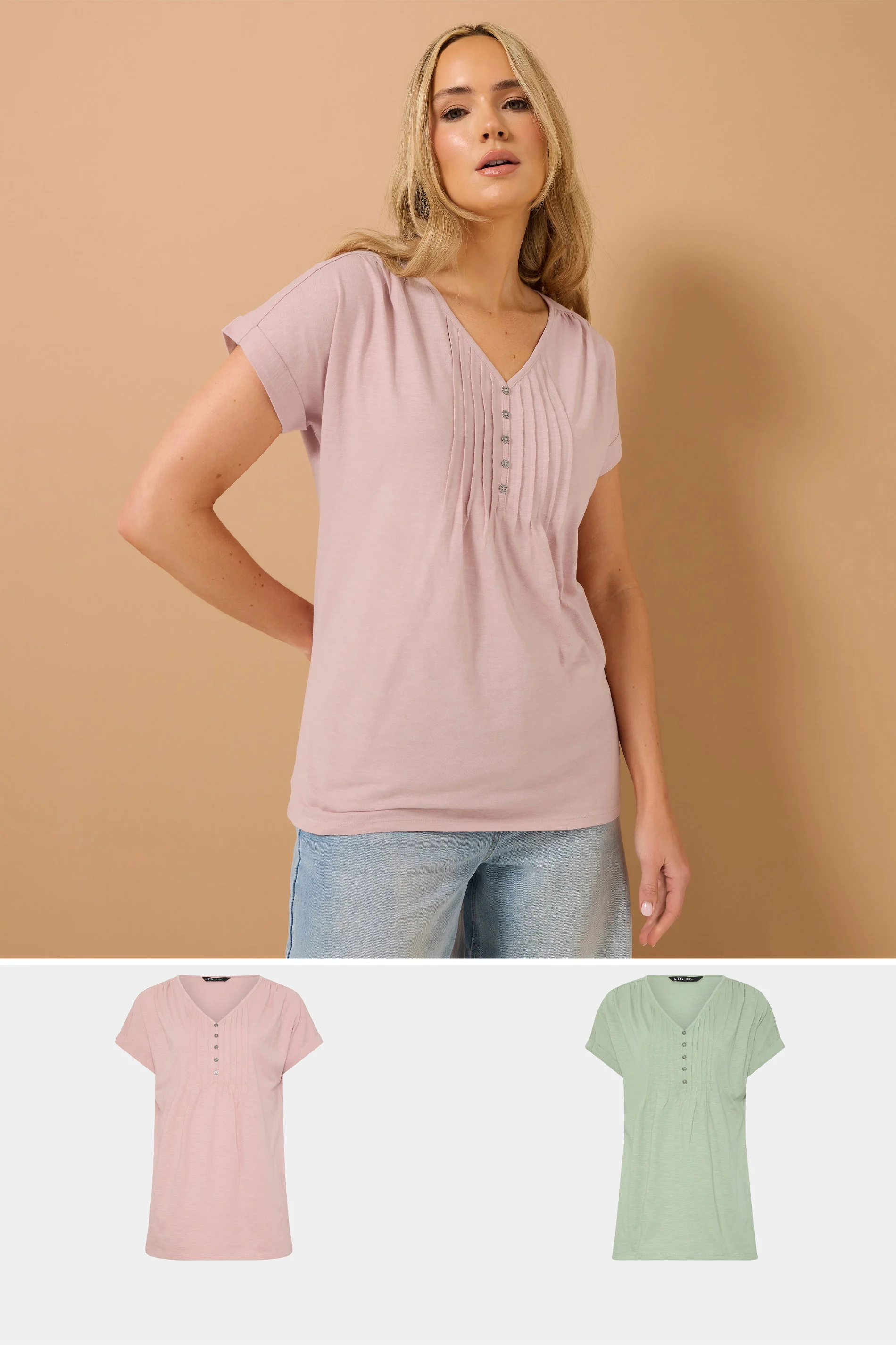  Tall 2 Pack Sage Green & Pink Cotton Henley Tops 10 | Tall Women's T-Shirts