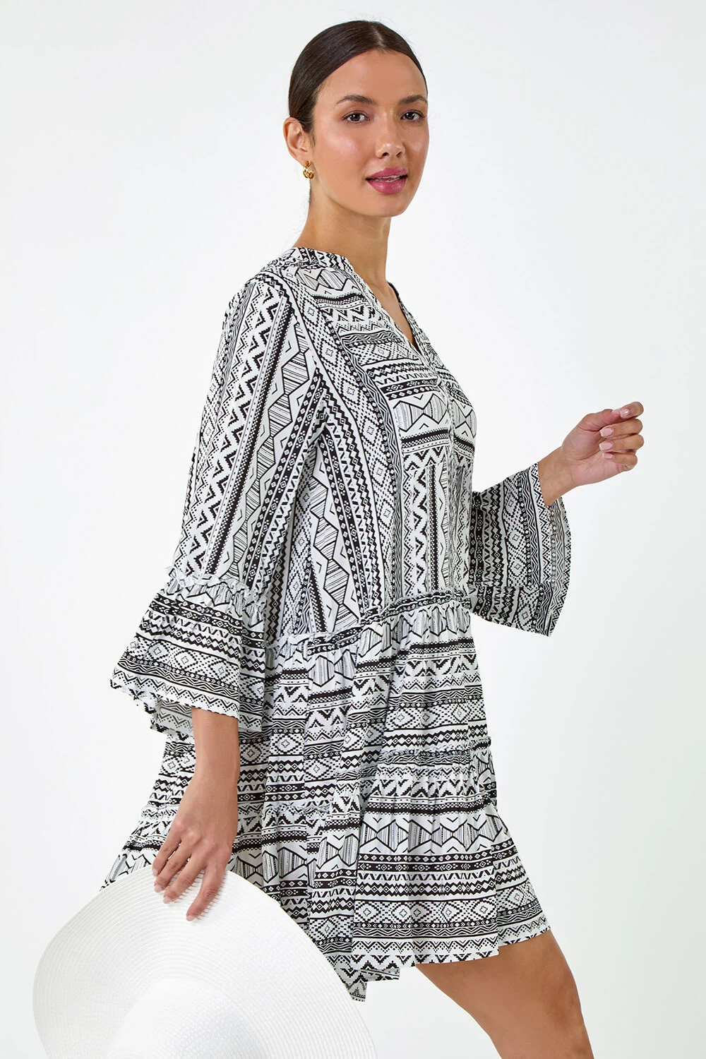  Aztec Print Frill Smock Dress in Black - Size 10