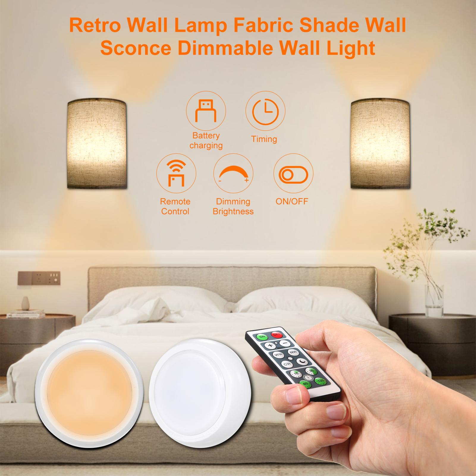 Neoglint Retro Wall Lamp Fabric Shade Wall Sconce Dimmable Wall Light Fixtures with Remote Control beige