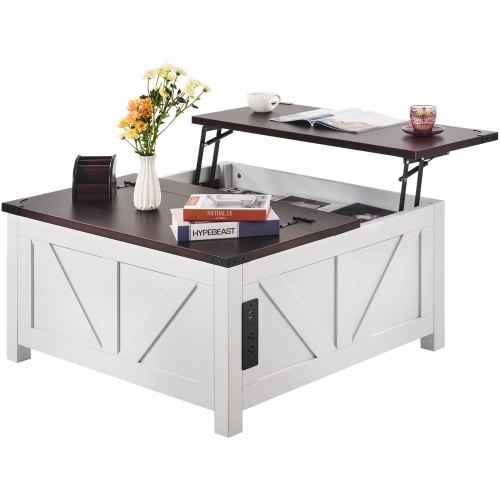 36" Farmhouse Coffee Table Hinged Lift Top Square Table with Power Strip