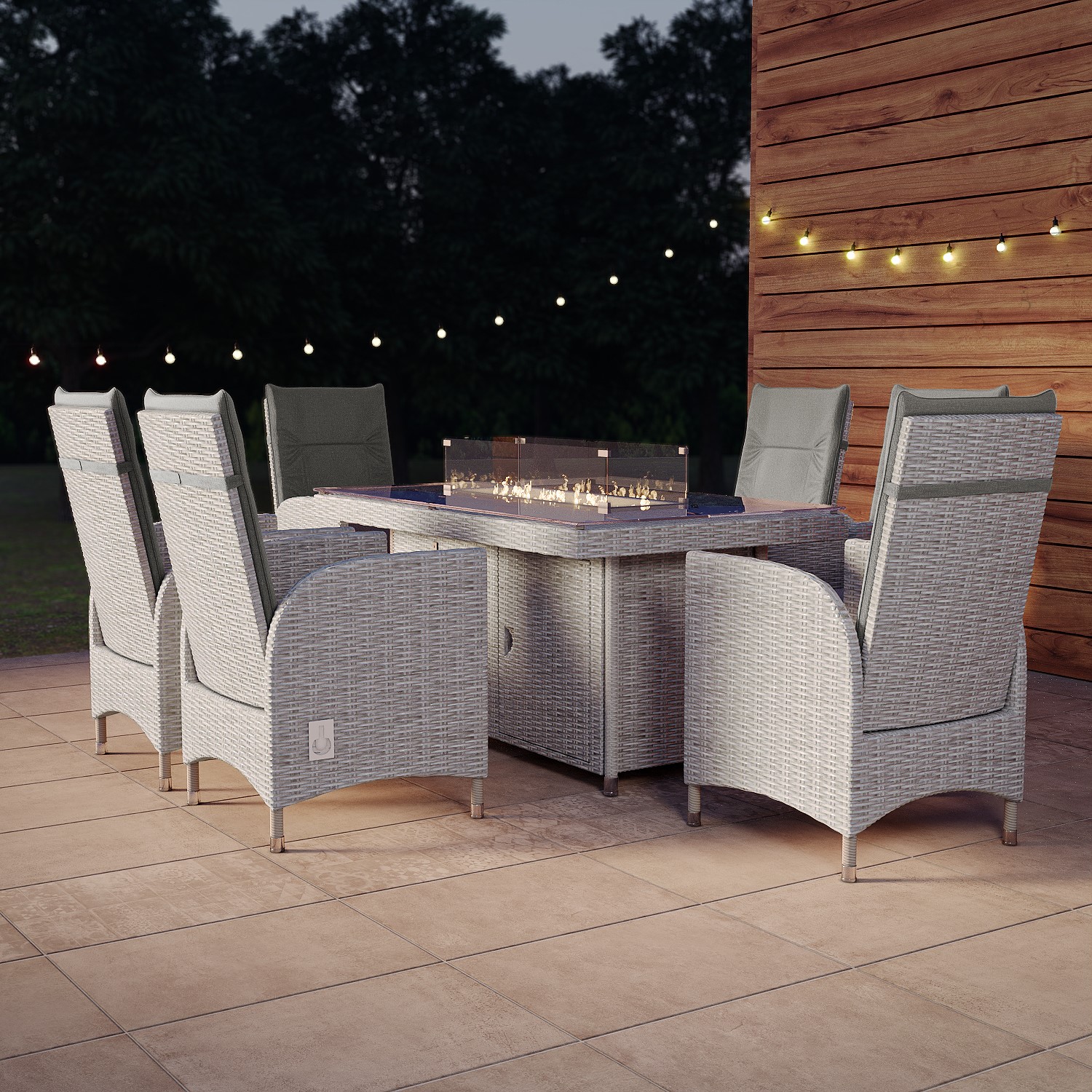 Aspen Grey 6 Seater Rattan Reclining Garden Dining Set with Fire Pit Table - Aspen