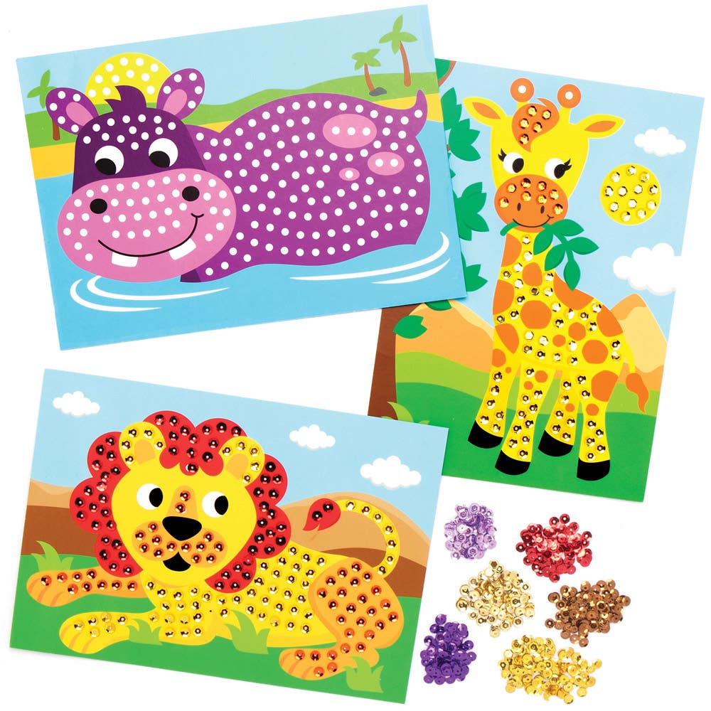 Baker Ross Jungle Animal Sequin Art Kits - 4 Sequin Pictures In Assorted Designs. Sequin Craft. Size 15cm x 21cm.