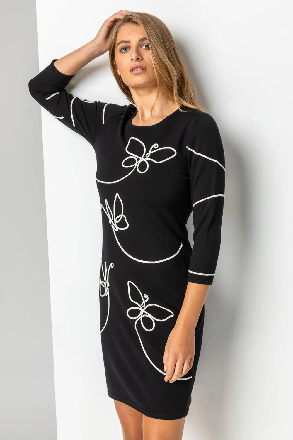 Roman Originals Butterfly Embellished Knitted Dress in Black