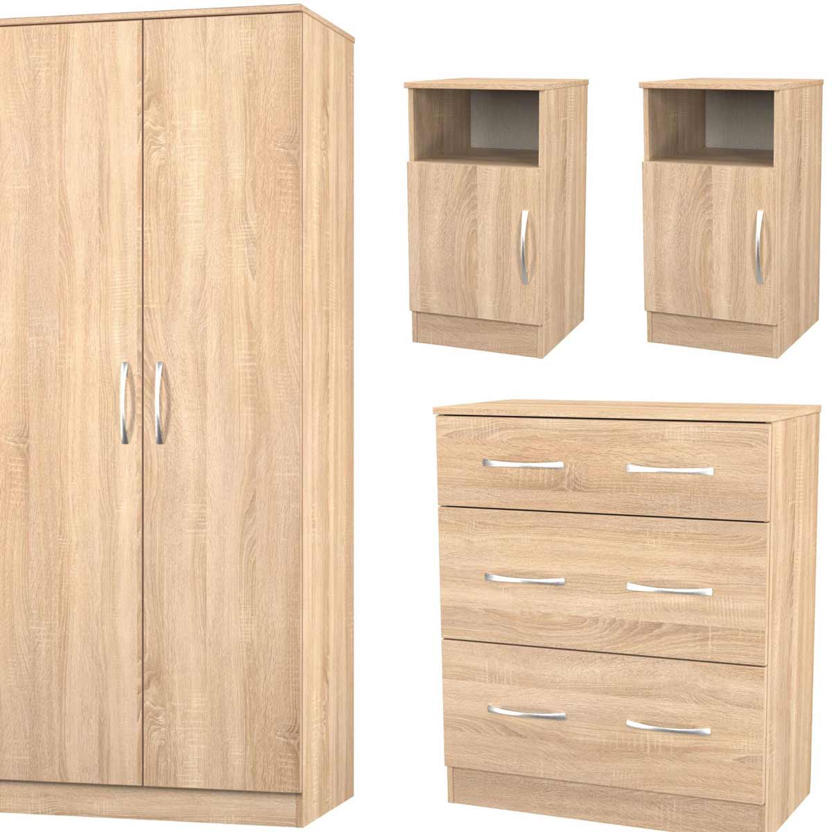 Coventry Ready Assembled 4 Piece Room Set 2 X Bedside Cabinets, Chest Of Drawers, Wardrobe Bardolino Light Oak
