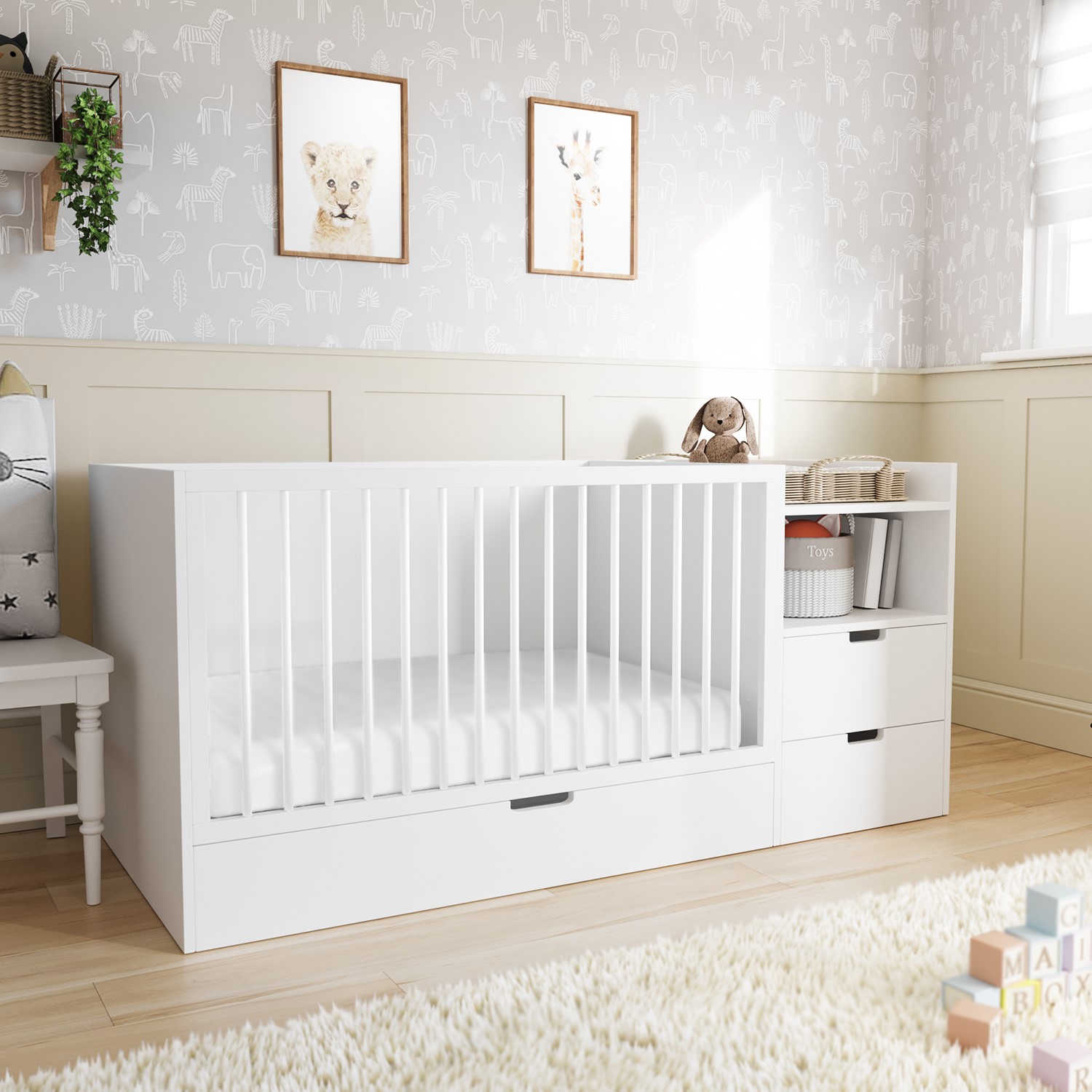 White Convertible Cot Bed with Drawer and Changer - 