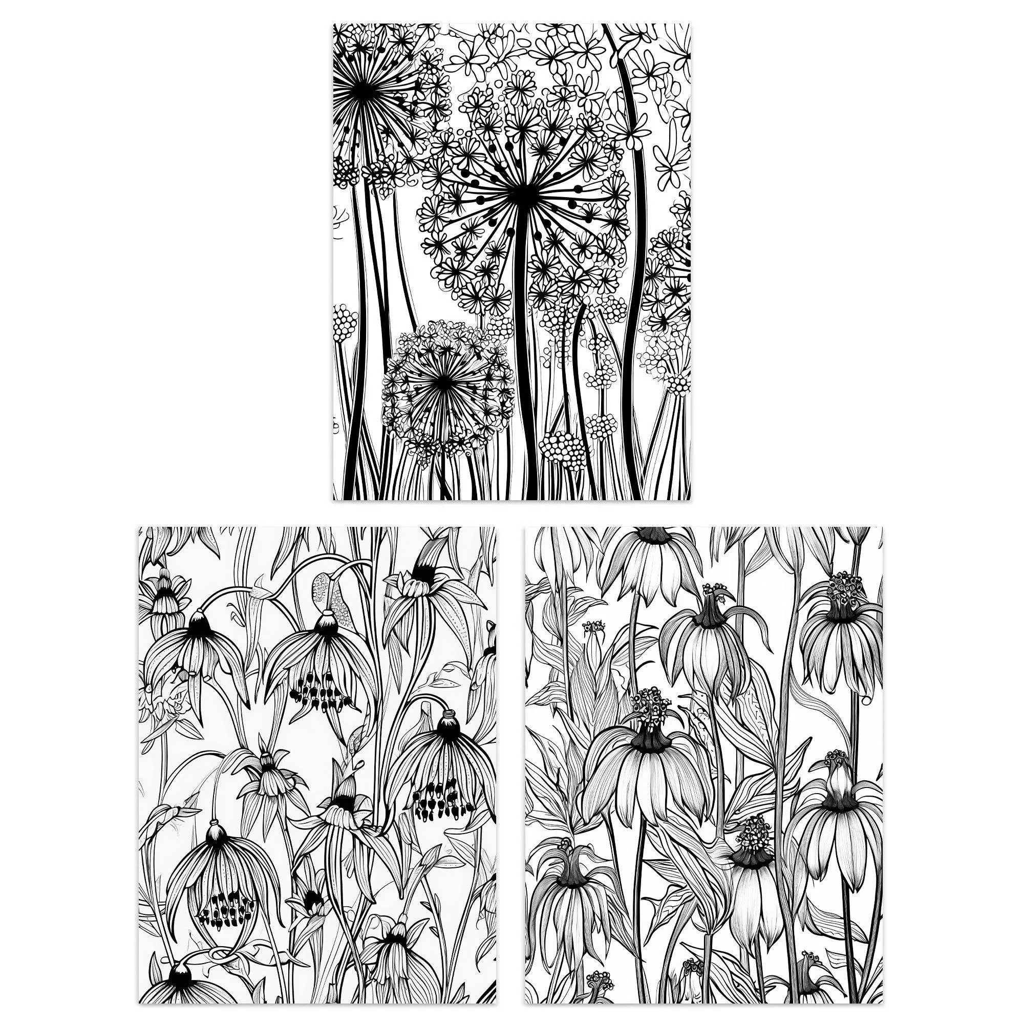 Artery8 Set of 3 Elegant Fritillaria and Allium Black and White Flowers Artwork Wildflower Unframed Wall Art Living Room Poster Prints Pack