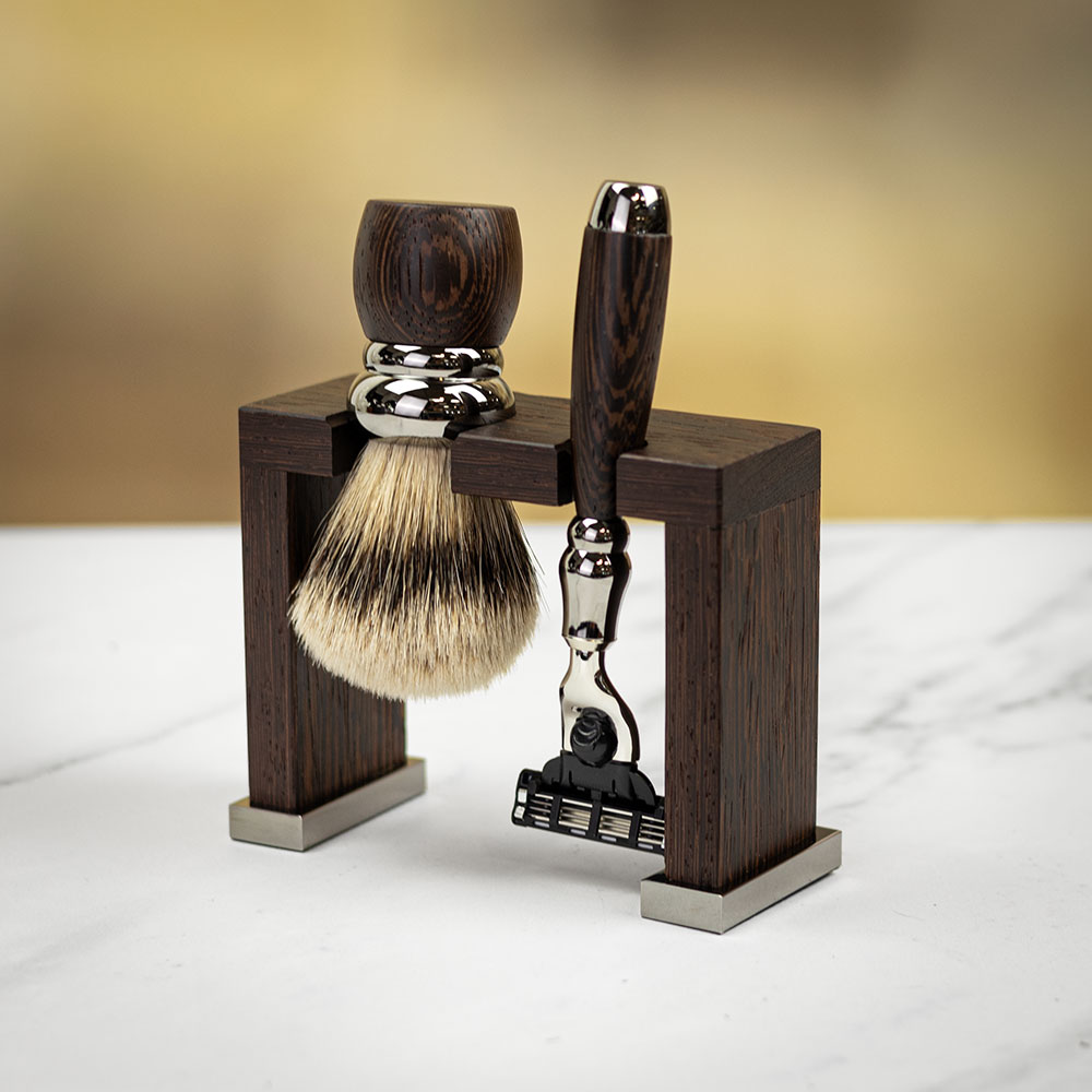Erbe Solingen Wenge Wood High-Grade Mach3 Shaving Set with Wooden Stand - Brown - can be Engraved or Personalised