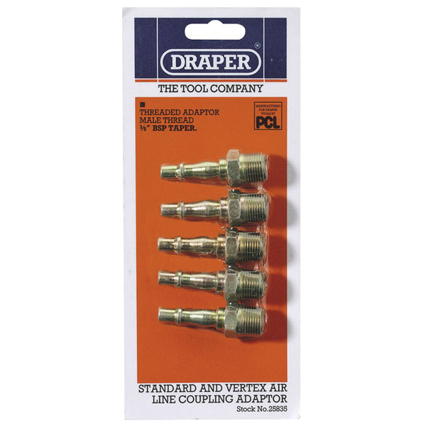 Draper 25835 3/8" BSP Male Thread PCL Air Line Adaptor Pack of 5