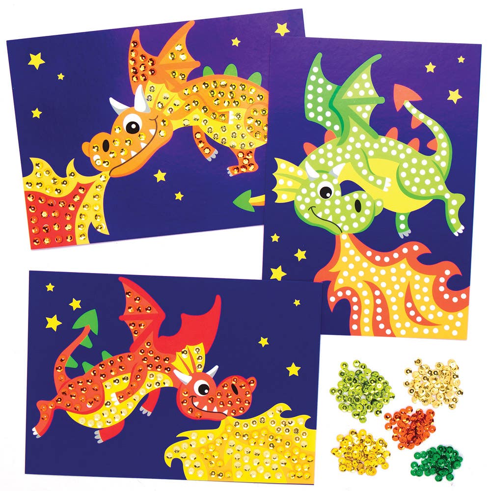 Baker Ross Dragon Sequin Art Kits - 4 Sequin Pictures In Assorted Designs. Sequin Craft. Size 15cm x 21cm.
