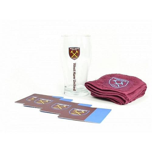United West Ham United FC  Official Mini Bar Set (Set Of 1 Pint Glass, 4 Beer Mats & 1 Bar Towel) (One Size) (Claret/Blue)