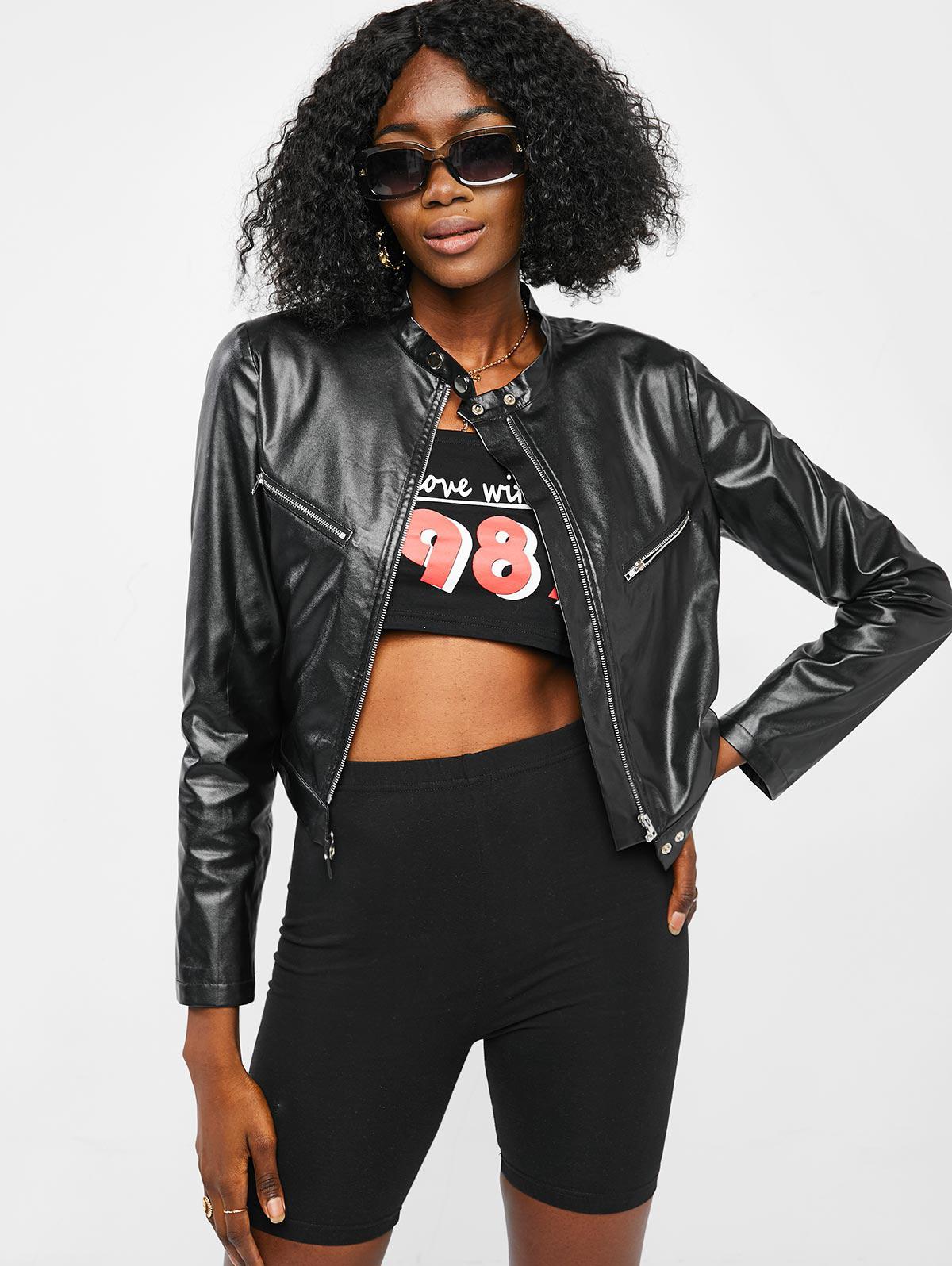 ZAFUL  Reißverschluss Kunstleder Biker Jacke L Schwarz