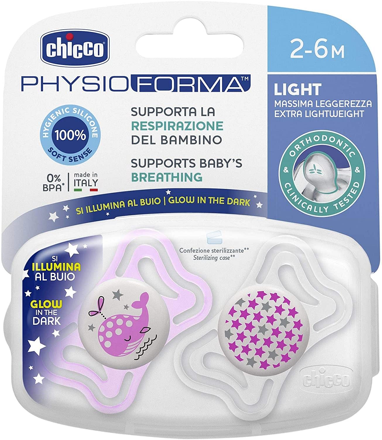 Chicco  Succhietto Light Luminoso Silicone 2-6 Mesi 2 Pezzi