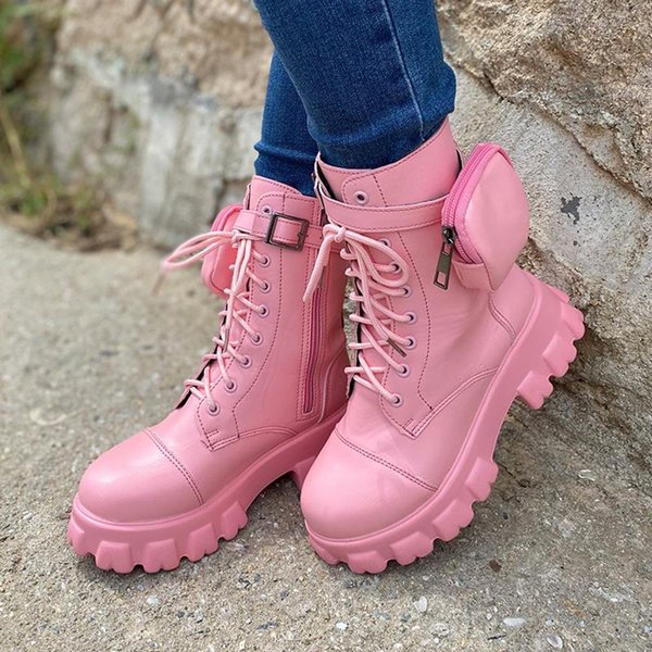 Boots British Style Platform Women Ankle Winter Women&#039;s Slip-On Motorcycle Boot Ladies Retro Mid-boot Shoes Pocket Decor #1110