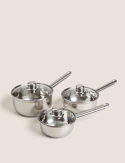 Marks and Spencer 3 Piece Tri Ply Pan Set - 1SIZE - Silver, Silver