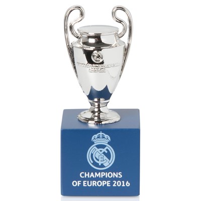 Club Branded Real Madrid 2016 Champions of Europe Trophy on Wooden Pedestal - 45mm