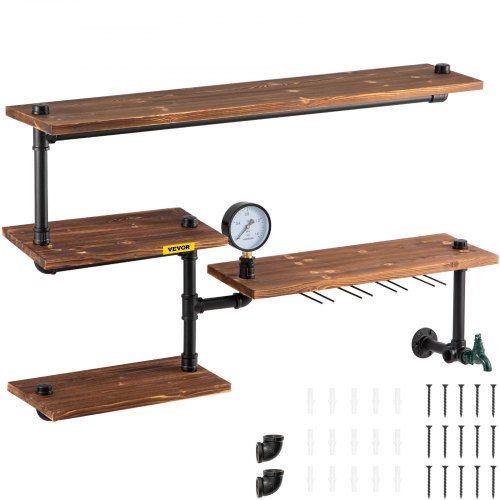 VEVOR  Iron Pipes Shelving, Industrial Steel Pipe Shelf w/ 4-Tier Wood Planks, Wall Mounted Modern Rustic Floating Shelves, DIY Storage Bracket for Bat