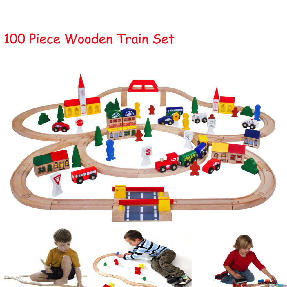 HYGRAD Kids Wooden Train Set - 100 Pieces Kids Children City Traffic Scene Building Toy