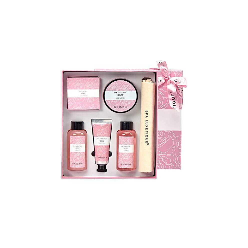 Spa Luxetique Spa Bath Gift Set, Rose Spa Gift Set, Pamper Gift Sets for Women, Gift Box for Her with Hand Cream, Body Lotion, Bubble Bath, Shower G