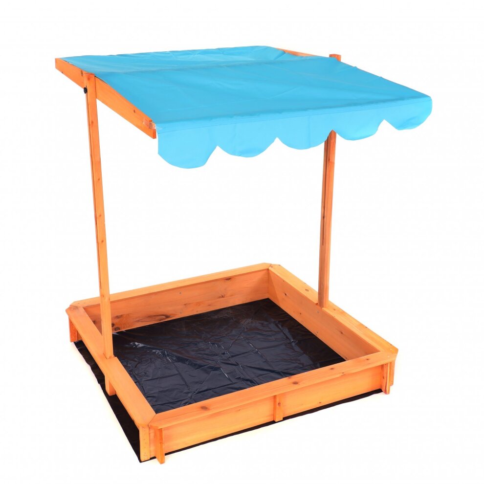 Oypla Kids' Wooden Garden Sand Pit With Adjustable Blue Canopy