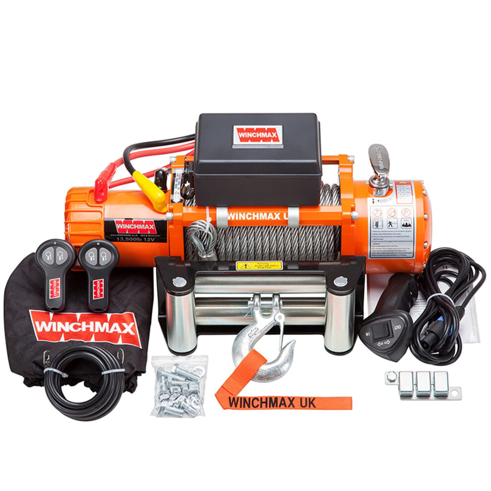 WINCHMAX  13,500lb 12v Winch. 26m X 9.5mm Steel Rope, Remote Controls