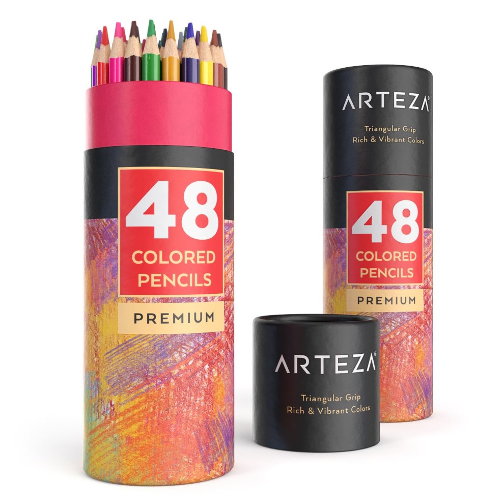 ARTEZA Coloured Pencils with Colour Names, Soft Core, Triangular Shaped, Pre Sharpened (Pack of 48)