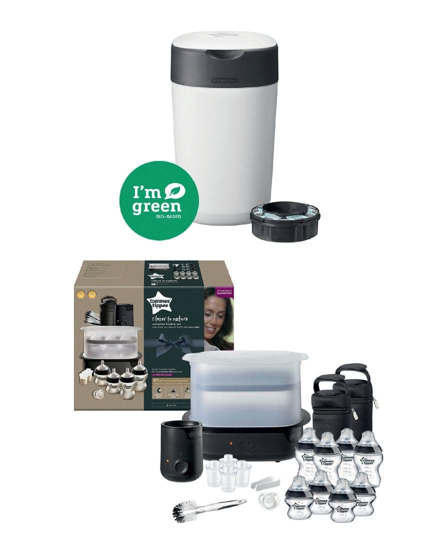 Tommee Tippee Black Feeding Kit with Free White Nappy Bin