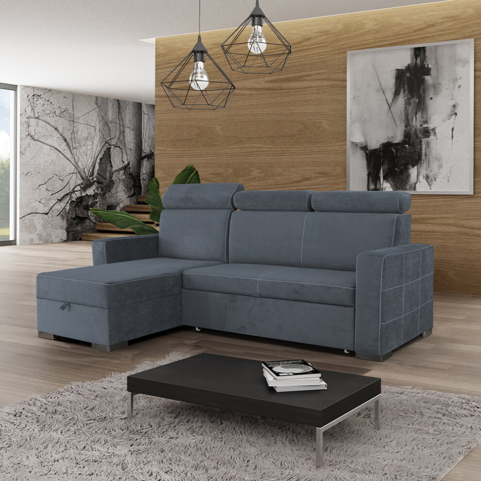 (Grey) Hawai Fabric Ottoman Storage Corner Sofa Bed