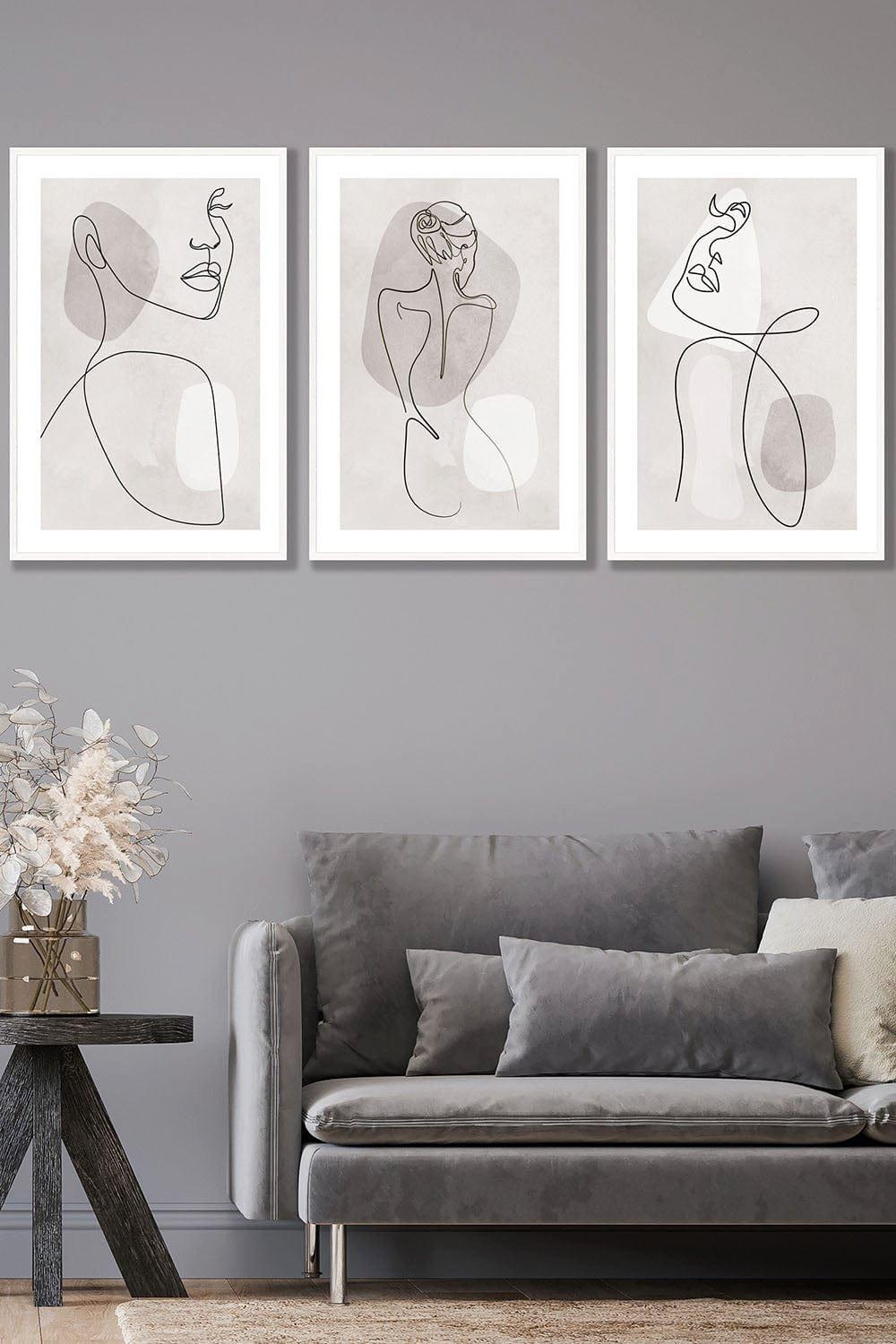 Artze Set of 3 Framed Beige and Grey Female Line Art Prints 53cm(W) x 73cm(H)|white