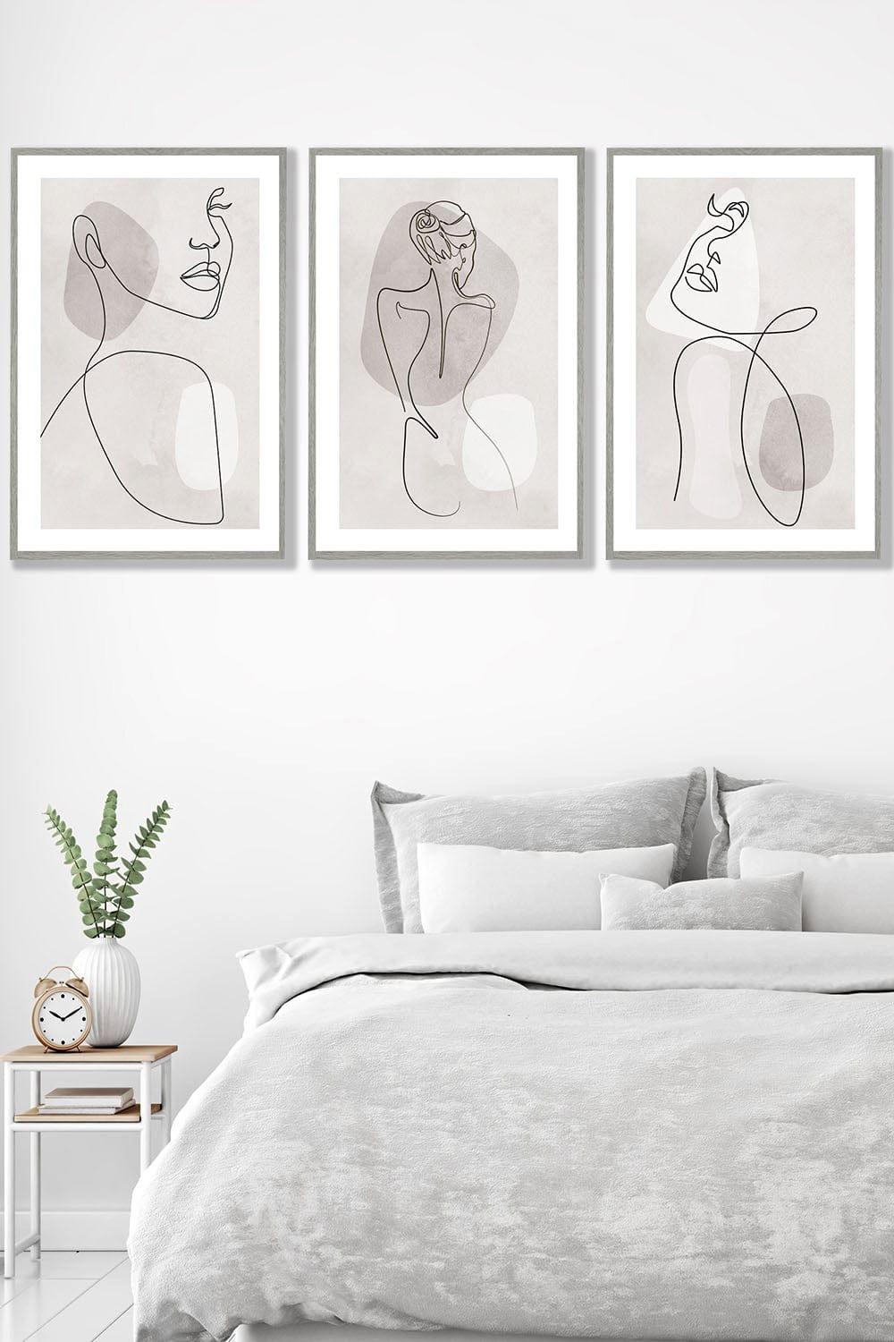 Artze Set of 3 Framed Beige and Grey Female Line Art Prints 53cm(W) x 73cm(H)|light grey