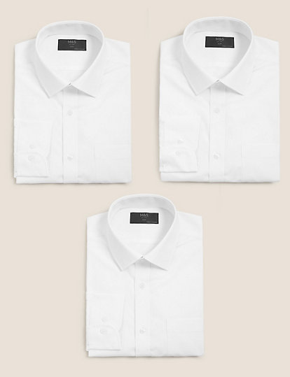 M&S Collection 3pk Slim Fit Long Sleeve Shirts - 17.5L - White, White
