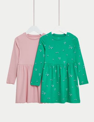 M&S Collection Pack de 2 vestidos de algodón floral y acanalado (2-8&nbsp;años) Multi | Algodón | Niñas/Chicas | 3-4 Y