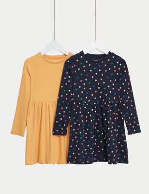 M&S Collection Pack de 2 vestidos de algodón con diseño de corazones (2-8&nbsp;años) Multi | Algodón | Niñas/Chicas | 5-6 Y