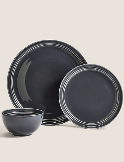 M&S Collection 12 Piece Marlowe Dinner Set - 1SIZE - Dark Grey, Dark Grey