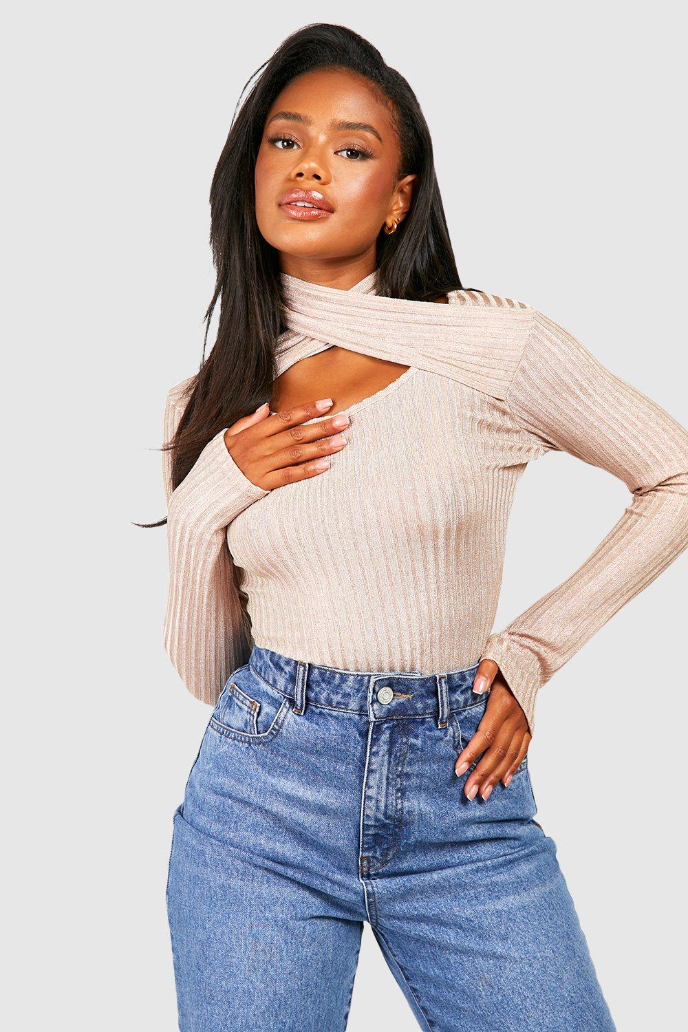 Boohoo Gerippter Metallic Strick-Body - Stone - 42