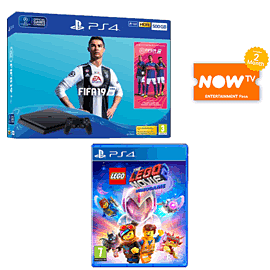 500GB Playstation 4 with FIFA 19 + The Lego Movie 2 Videogame and NOW TV for PlayStation 4
