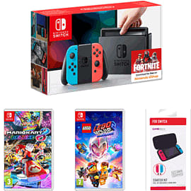Nintendo Switch Neon with Mario Kart 8 Deluxe + The Lego Movie 2 Videogame and GAMEware Switch Starter Kit for Switch