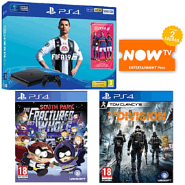 500GB Playstation 4 with FIFA 19 + The Division + South Park The Fractured But Whole and NOW TV for PlayStation 4