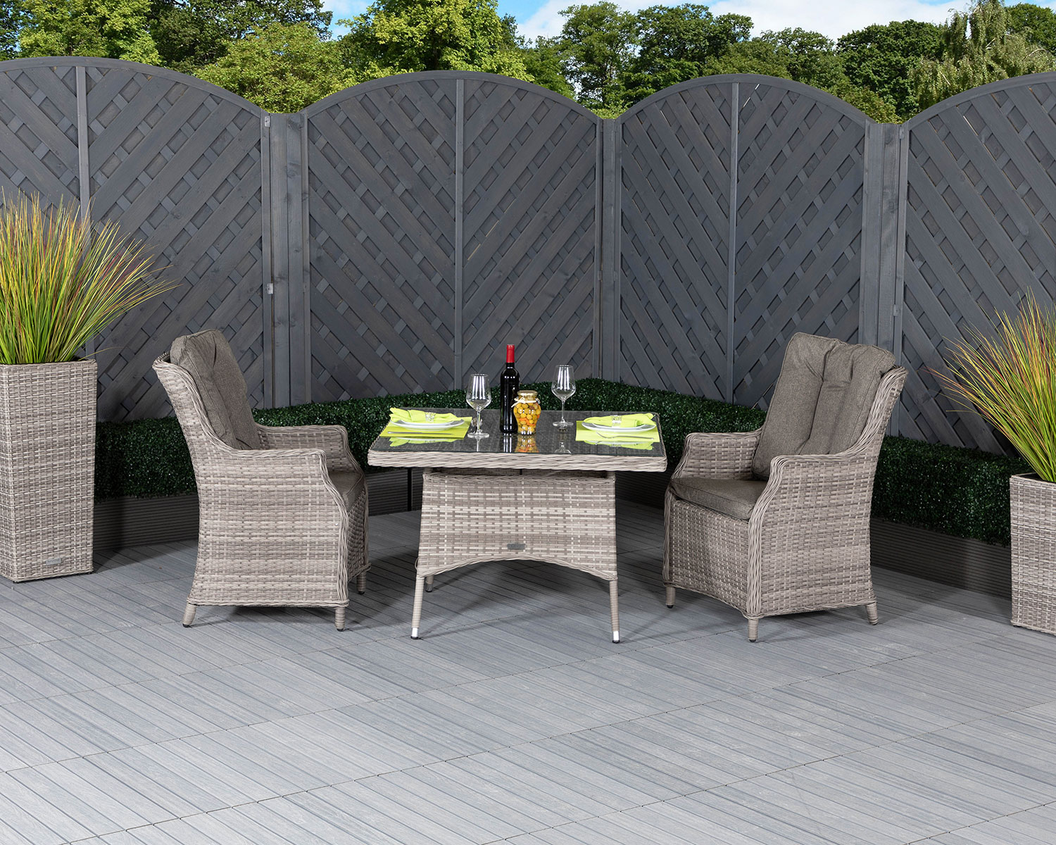 2 Seat Rattan Garden Dining Set With Square Dining Table in Grey - Riviera